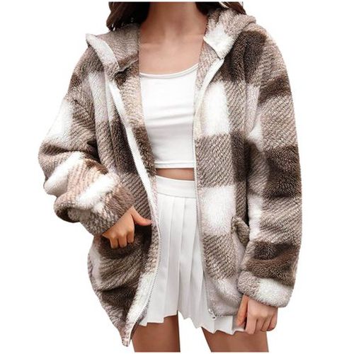 Loose Plaid Hoodie Casual Teddy Jacket - Just Fashion Now - Modalova