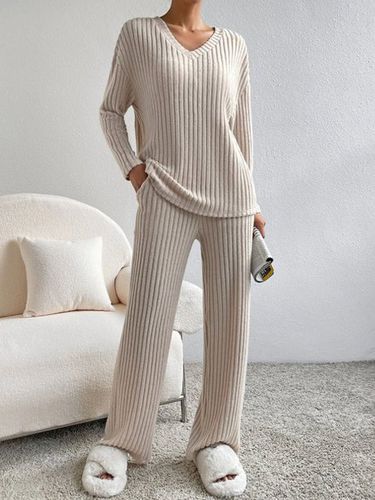 Loose Casual V Neck Plain Two-Piece Set - Just Fashion Now - Modalova