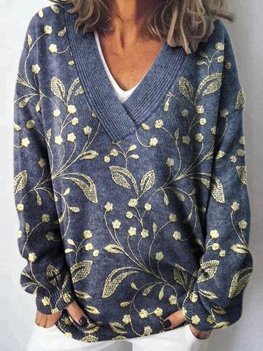 V Neck Casual Floral Sweater - Just Fashion Now - Modalova