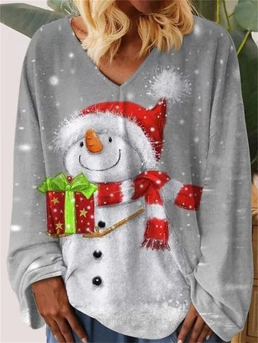 Women's Long Sleeve T-shirt Spring/Fall Gray Christmas Snowman Jersey V Neck Daily Going Out Casual Top - Just Fashion Now - Modalova