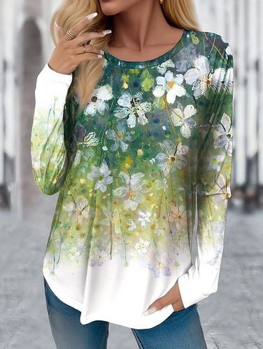 Women's Long Sleeve T-shirt Spring/Fall Green Floral Jersey Crew Neck Daily Going Out Casual Top - Just Fashion Now - Modalova