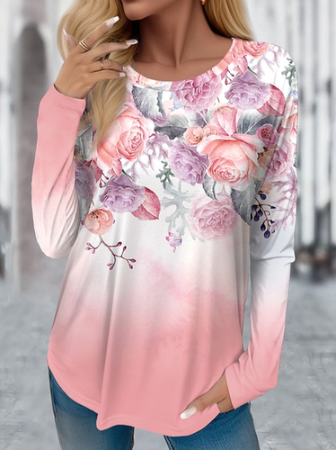 Women's Long Sleeve T-shirt Spring/Fall Pink Floral Jersey Crew Neck Daily Going Out Casual Top - Just Fashion Now - Modalova