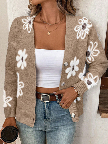 Yarn/Wool Yarn Floral Buckle Casual Cardigan - Just Fashion Now - Modalova