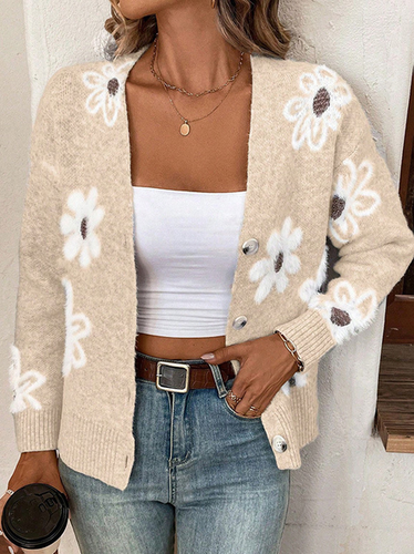 Yarn/Wool Yarn Floral Buckle Casual Cardigan - Just Fashion Now - Modalova