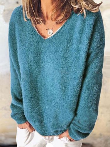 Casual Plain V Neck fluff Sweatshirt - Just Fashion Now - Modalova