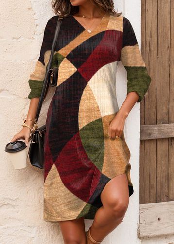 Women's Long Sleeve Summer Brown Geometric V Neck Daily Going Out Casual Midi A-Line TUNIC Dress - Just Fashion Now - Modalova