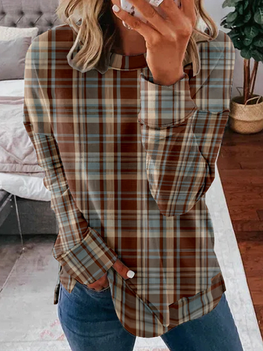 Crew Neck Plaid Casual Sweatshirt - Just Fashion Now - Modalova