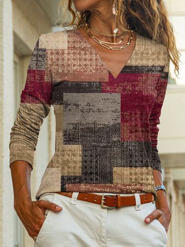 Women's Long Sleeve T-shirt Spring/Fall Brown Geometric Jersey V Neck Daily Going Out Casual Top - Just Fashion Now - Modalova