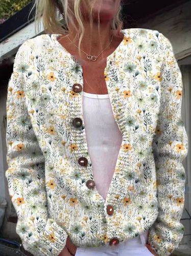 Casual Loose Floral Crew Neck Cardigan - Just Fashion Now - Modalova