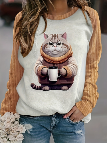 Coffee Cat Round Neck Casual Sweatshirt - Just Fashion Now - Modalova