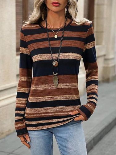 Women's Long Sleeve T-shirt Spring/Fall Brown Striped Jersey Crew Neck Daily Going Out Casual Top - Just Fashion Now - Modalova