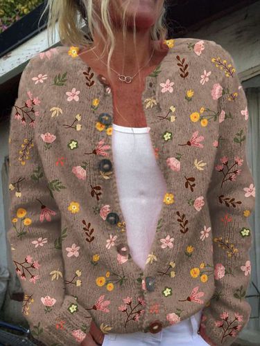 Casual Loose Floral Crew Neck Cardigan - Just Fashion Now - Modalova