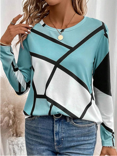 Women's Long Sleeve T-shirt Spring/Fall Light Blue Geometric Jersey Crew Neck Daily Going Out Casual Top - Just Fashion Now - Modalova