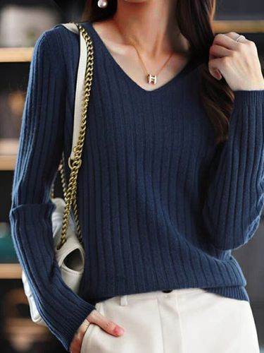 Casual V-neck Yarn/Wool Yarn Plain Sweater - Just Fashion Now - Modalova