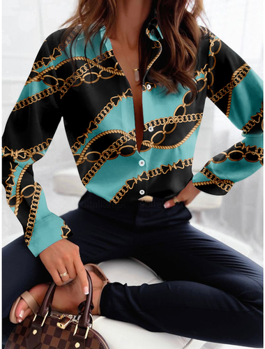 Women's Long Sleeve Shirt Spring/Fall Cyan Geometric Shirt Collar Daily Going Out Casual Top - Just Fashion Now - Modalova