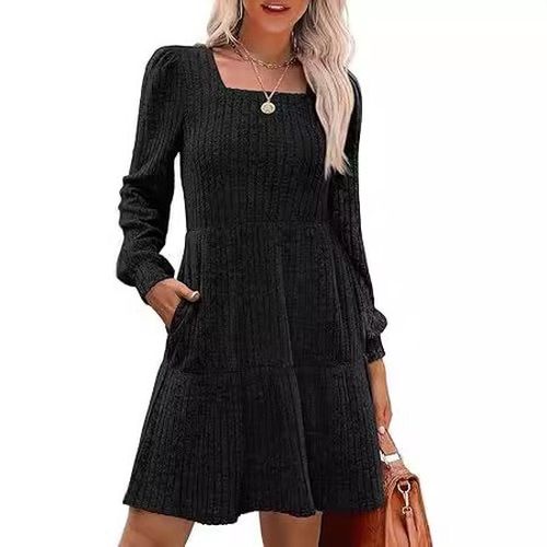 Women's Long Sleeve Spring/Fall Black Plain Crew Neck Daily Going Out Casual Mini A-Line Dress - Just Fashion Now - Modalova