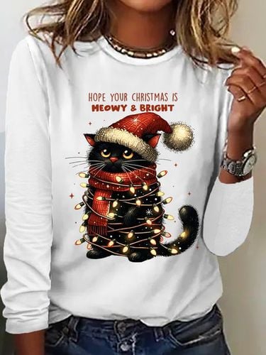 Hope Your Christmas Is Meowy and Bright Casual Long Sleeve Shirt - Just Fashion Now - Modalova