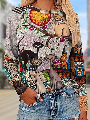 Cute Cat Design Round Neck Casual T-Shirt - Just Fashion Now - Modalova