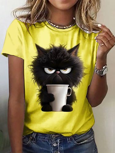 Cat Casual Crew Neck T-Shirt - Just Fashion Now - Modalova