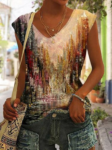 Casual V Neck Landscape Print Loose T-Shirt - Just Fashion Now - Modalova