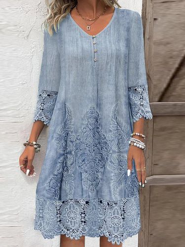 V Neck Casual Jersey Lace Edge Dress - Just Fashion Now - Modalova