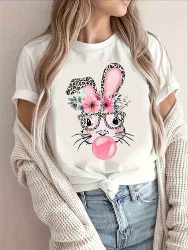 Cotton Crew Neck Rabbit Casual T-Shirt - Just Fashion Now - Modalova