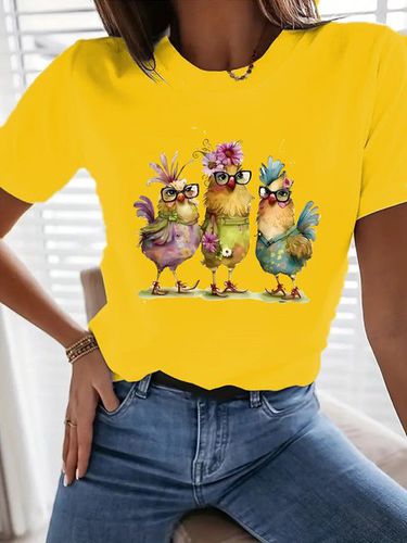 Casual Cartoon Crew Neck Cotton T-Shirt - Just Fashion Now - Modalova