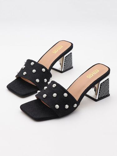 Elegant Imitation Pearl Studded Denim Block Heel Mule Sandals - Just Fashion Now - Modalova