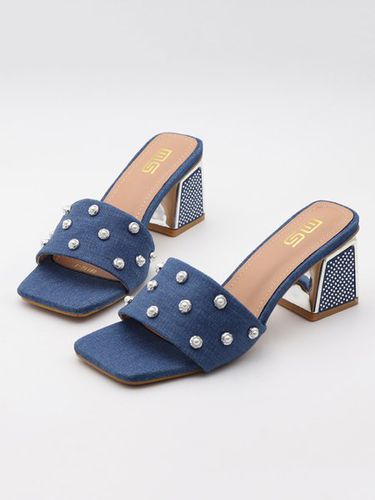 Elegant Imitation Pearl Studded Denim Block Heel Mule Sandals - Just Fashion Now - Modalova
