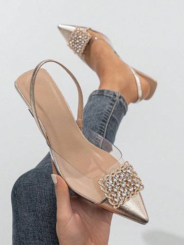 Rhinestone Square Buckle PVC Paneled Kitten Heel Slingback Sandals - Just Fashion Now - Modalova