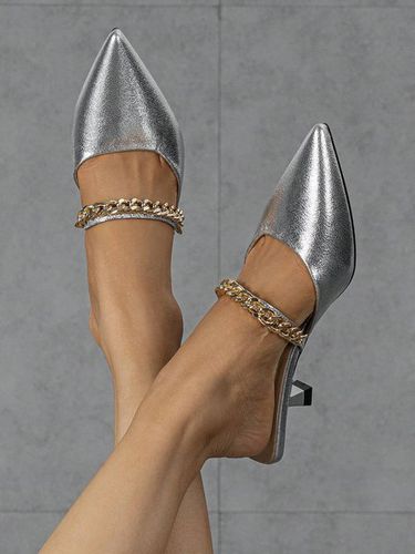 Metal Chain Pointed Toe Kitten Heel Mules - Just Fashion Now - Modalova