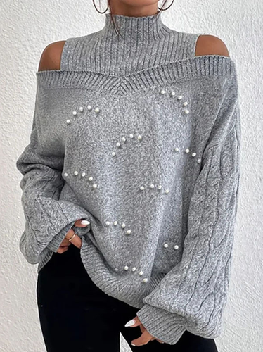 Balloon Sleeve Casual Beaded Sweater - Just Fashion Now - Modalova