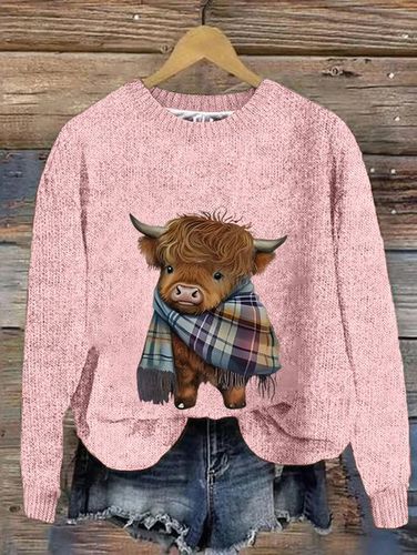 Women's West Highland Cow Print Loose Casual Knitted Sweater - Just Fashion Now - Modalova