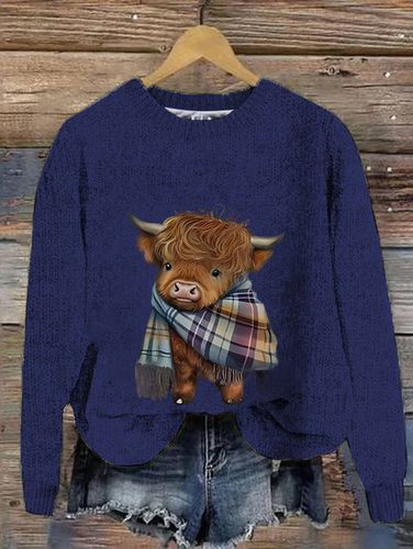 Women's West Highland Cow Print Loose Casual Knitted Sweater - Just Fashion Now - Modalova