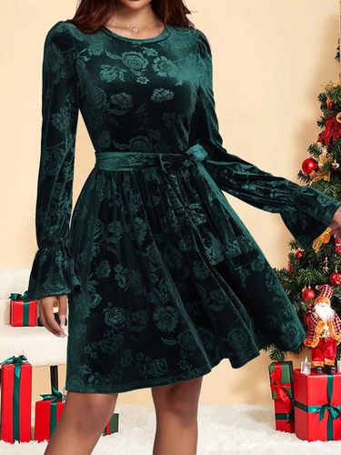 Women's Long Sleeve Spring/Fall Green Floral Crew Neck Holiday Going Out Casual Midi H-Line Dress - Just Fashion Now - Modalova