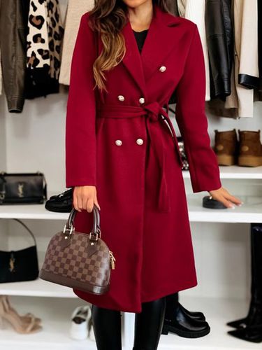 Lapel Collar Plain Buckle Casual Coat With Belt - Just Fashion Now - Modalova