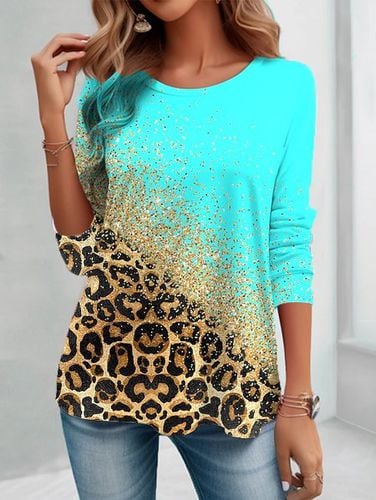 Leopard Print Contrast Design Round Neck Casual T-Shirt - Just Fashion Now - Modalova