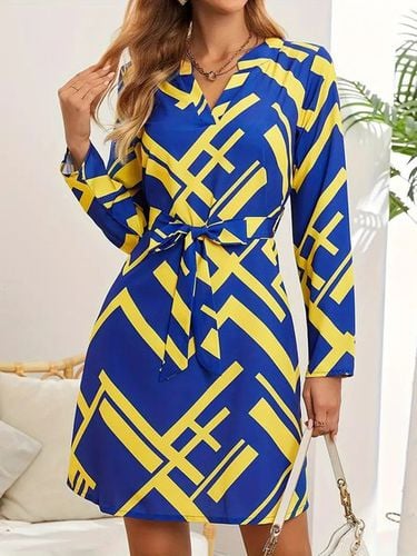 Women's Long Sleeve Spring/Fall Brown Abstract Graphic V Neck Daily Going Out Casual Midi A-Line Dress - Just Fashion Now - Modalova