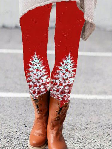 Christmas Tree Print Casual Leggings - Just Fashion Now - Modalova