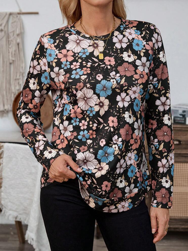 Floral Print Long Sleeve Crew Neck T-shirt - Just Fashion Now - Modalova