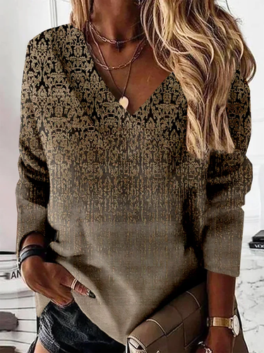 Ethnic Long Sleeve V Neck Casual Sweatshirt - Just Fashion Now - Modalova