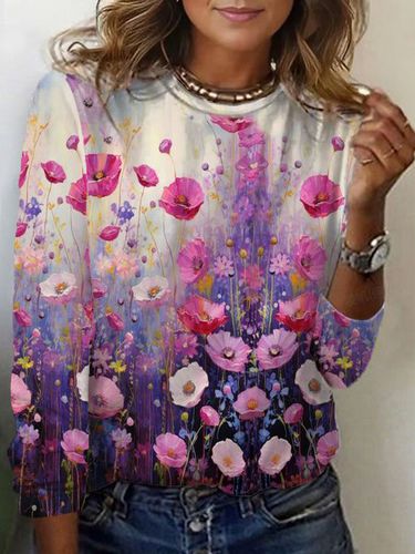 Floral Print Long Sleeve Crew Neck T-shirt - Just Fashion Now - Modalova