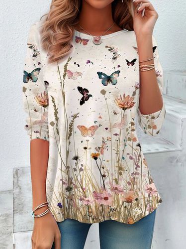 Floral Print Long Sleeve Crew Neck T-shirt - Just Fashion Now - Modalova