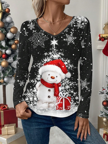 Christmas Print V-neck Long-Sleeved T-shirt - Just Fashion Now - Modalova