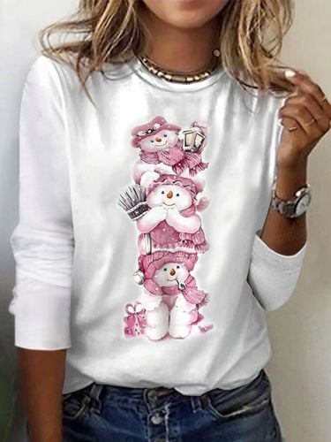 Christmas Snowman Print Crew Neck T-shirt - Just Fashion Now - Modalova