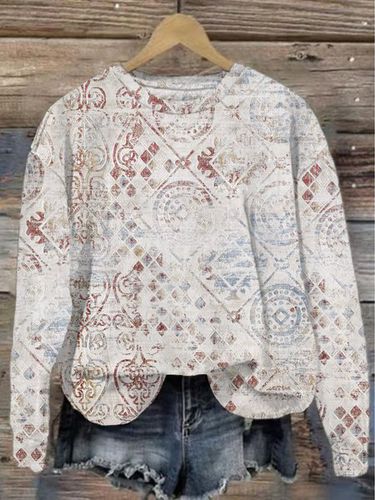 Ethnic Casual Loose Crew Neck Sweatshirt - Just Fashion Now - Modalova