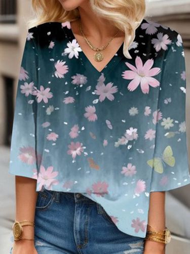 Floral Print Long-sleeved V-neck Blouse - Just Fashion Now - Modalova