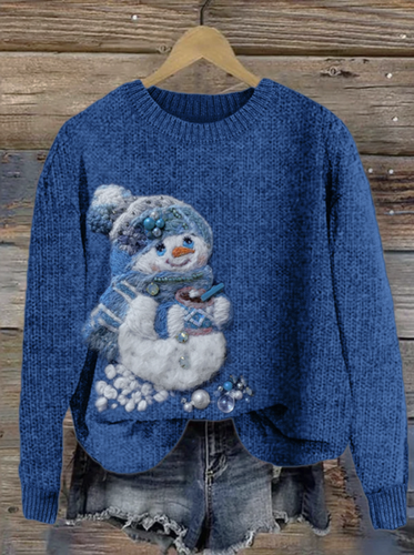 Christmas Snowman Beaded Felt Art Cozy Knit Sweater - Just Fashion Now - Modalova