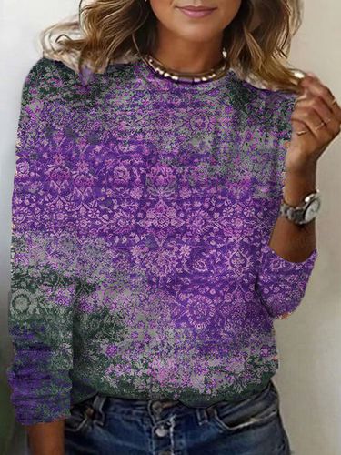 Ethnic Print Long Sleeve Crew Neck T-shirt - Just Fashion Now - Modalova