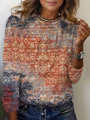 Ethnic Print Long Sleeve Crew Neck T-shirt - Just Fashion Now - Modalova